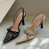Breakj Niche Sexy Hottie Embroidered Lace Bag Sandals Fine Heel Small Square Net Red Bow High Heels