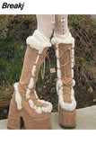 New Pink White Platform Women Knee-high Boots 2023 Winter Warm Plush Flock Gothic Style Chunky Heel Punk Women Shoes
