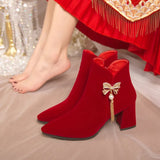 Breakj New Bow Water Diamond String Beads Wedding Shoes Korean Version Tassel Thick Heel Comfortable Bride Boots Wine Red Fashion