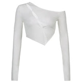 Irregular Off Shoulder Sexy Crop Top T Shirt Women Solid Hollow Out Long Sleeve Basic T-shirt Ladies Korean