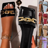 Slippers 2021 Summer Chain Style Square Head Slides Flat Heel Mule Shoes Woman Female Plus Size Outdoor Beach