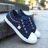 Women Denim Canvas Flats Casual Vulcanized Female Fashion Summer Lace-up Sneakers Ladies Chain Metal Platform Comfort