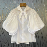 White Short Blouse For Women Lapel Puff Sleeve Patchwork Diamond Casual Shirt Female Fashion New Clothing