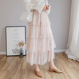 2021 Women Sweet Ruffle Tulle Skirt High Waist Elegant Vintage Pleated ins Skirts Candy Cakee Layered Maxi Long