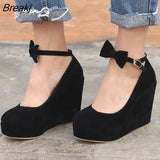 Women High Heels Shoes Fashion Wedges Ladies Platform Buckle Bowtie Pumps for Woman Plus Size 42 Wedding Bridal Shoes Round
