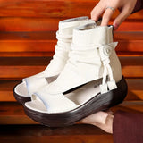Ladies Sandals 2021 New Spring Retro Women Shoes Genuine Leather Zip Flat With Sewing Handmade Platform