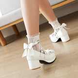 Women's Cute Lolita Cosplay Shoes Bow Mid Chunky Heel Platform Mary Jane Pumps Buckle Strap Princess Uniform Wear Pink