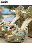 Luxury Brand Women Platform Sandals Crystal Embroidery High Heel Sandalia Feminina Buckle Strap Rhinestone Wedding