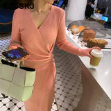 2021 thick dress warm autumn winter maix sweater dress women bodycon v-neck Drawstring long dress female slim elegant