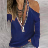 Fashion Off Shoulder V-neck Pullover Tops Summer Women Sexy V Neck Sequins Shirt Ladies Casual Long Sleeve Loose Blouse