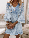 Women Fashion Printed V-Neck Three-quarter Sleeve Dress Spring Casual Loose Commuter Dress Summer Office Temperament Chic