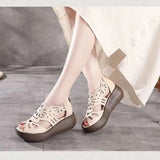 Sandals Genuine PU Leather Handmade Ladies Shoes 2021 Summer Thick Sole Women Retro Sandals Leather Gladiator