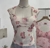 Fang Collar Broken Flower Mesh Flying Sleeve With Breast Pad Sling Vest Short Umbilly Sleeveless Top Lady