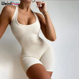 Puss 2021 Spring Overalls For Women Halter Sexy Romper Ribbed Skinny Stretchy Sporty Fitness Backless Playsuits