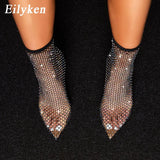New Design Crystal Rhinestone Mesh Stretch Fabric Sock Boots Fashion PVC Transparent Pointed Toe Shoes Sexy High