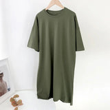 Women Casual Loose Solid 100% Cotton T Shirt Dress O Neck Mini Dress Batwing Short Sleeve Basic Dresses