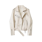 Spring Autumn Women Faux Leather Jacket Streetwear Lapel Oversized Purple Pu Leather Loose Coat with Belt Lady