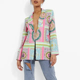 Autumn Women Streetwear Printed Suit Collar Top Suit Jacket Casual Long Sleeves Slim Elegant Buttons Office Ladies
