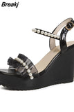 Leather Slides Platform Wedges Gladiator Sandals Women Summer Shoes Woman High Heels Sandals Small Plus Size 32 -