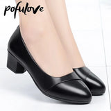 Women Mid Heel Shoes Office Lady Pumps PU Leather Black Basic Square Heeled Spring Autumn Loafers Female