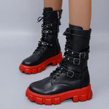 Breakj Women 2023 Autumn / Winter New Belt Buckle Platform Mid Boots Women Plus Size Knight Boots