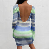 Women Tie Dye Flare Sleeve Knitted Mini Dress Sexy Backless Aesthetic Autumn Striped Streetwear Party Elegant