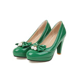 Fashion Pumps Women Round Toe Spike High Heels Slip On Bow Pearls Platform Patent Leather Sexy Party Club Shoes Ladies