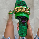 Slippers 2021 Summer Chain Style Square Head Slides Flat Heel Mule Shoes Woman Female Plus Size Outdoor Beach