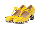 Women's Cute Lolita Cosplay Shoes T Strap Patent Leather Bow Mid Chunky High Heel Mary Jane Pumps Patchwork Striped
