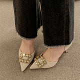 Breakj 2023 New Korean Version Of Fashion Square Button Metal Buckle Hollow High Heels Single Heel Women's