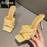 2022 New Summer Design Weave Square Toe Heels High Quality Slippers Gladiator Beach Womens Sandal Slides