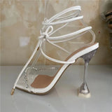 PVC Transparent Cross Women Clear Crystal Thin High Heel Stilettos Sexy Lace Up 2021 Summer Sandals Shoes Open Toe Ladies