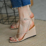 Summer Wedge Sandals Female Apricot High Heel With A Loose Cake Solid Color Hollow