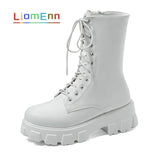 High Platform Boots Women Goth Black White Boots 2021 New Designer PU Leather Lace Up Combat Ankle Boots Big Size