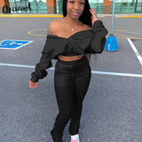 2021 Summer casual women off shoulder top stacked leggings two piece outfits sporty fitness activewear slim matching