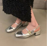 Silver Mary Jane Shoes Women's Shoes 2024 New Summer Temperament Thick Heel Square Head Shallow One Word With Single