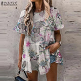 Bohemian Lace Patchwork Tops Women's Summer Blouses ZANZEA 2022 Casual Short Sleeve Blusa Female Hollow Peplum