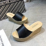 Breakj Cake Slippers Women Cool Drag Slope With High Heel 7CM Word Drag Leather Large Size Women's Shoes 35-42