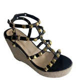 Sandals Woman Leather Suit Female Beige High Heels Shoes Muffins shoe Clogs Wedge Open Toe Low-heeled Studded Black
