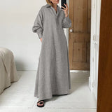 Winter Dress For Women'Solid Sundress Vintage Lapel Pleated Kaftan Dress Long Robe Femme VONDA Casual Long Vestidos