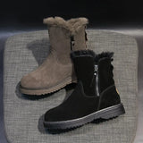 Ankle Boots Women Zip Flat Leather Short Plush Winter Shoes Women Warm Ladies Boots Ankle Sewing Fashion Black Shoes