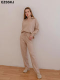 Pieces Set Women oversize Tracksuit polo collar Sweater Pullover straight pants Sweater Set CHIC Knitted Outwear sweater