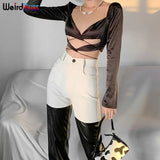 Puss Women Y2K Straight High Waist Pants Chic Leather Denim Patchwork Loose Pocket Vintage Casual Streetwear Slim
