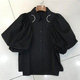 White Short Blouse For Women Lapel Puff Sleeve Patchwork Diamond Casual Shirt Female Fashion New Clothing