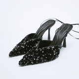 Party Shoe and Bag Set Sexy Heels Shallow Mouth Pointed Pumps Lace-Up Sandals Ladies Slip on Golden Crossdressers
