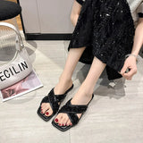 Breakj Size Fashion Sequins Flat Slippers Female Summer Outside Wear 2024 New Flat Cross Flip-Flops Beach