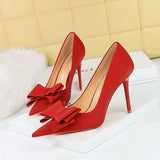 Breakj Korean Version Fashion Thin Heels, Silk, Shallow Pointed Bow Single High Heel Women's
