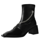 Breakj Design Sense Soft Leather Square Head Thick Heel Short Boots Women's Chain Martin Boots Tide Cool Fashion Single Boots Elastic Thin Thin