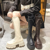 Winter British Style Women Knee High Boots Thick Sole Heel Round Toe Zipper Ladies Fashion Long Boots Knight