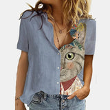 Women Elegant Office Simple Turn-down Collar Cartoon Print Casual Shirt Fashion Summer Short Sleeves Button Cardigan